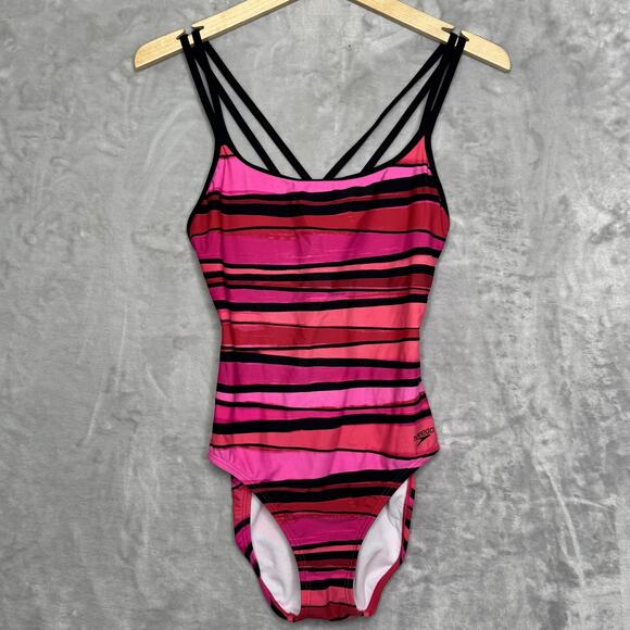 Speedo Swimsuit Womens 6 Pink Black Striped Strappy Back One Piece Swimwear - Picture 1 of 7